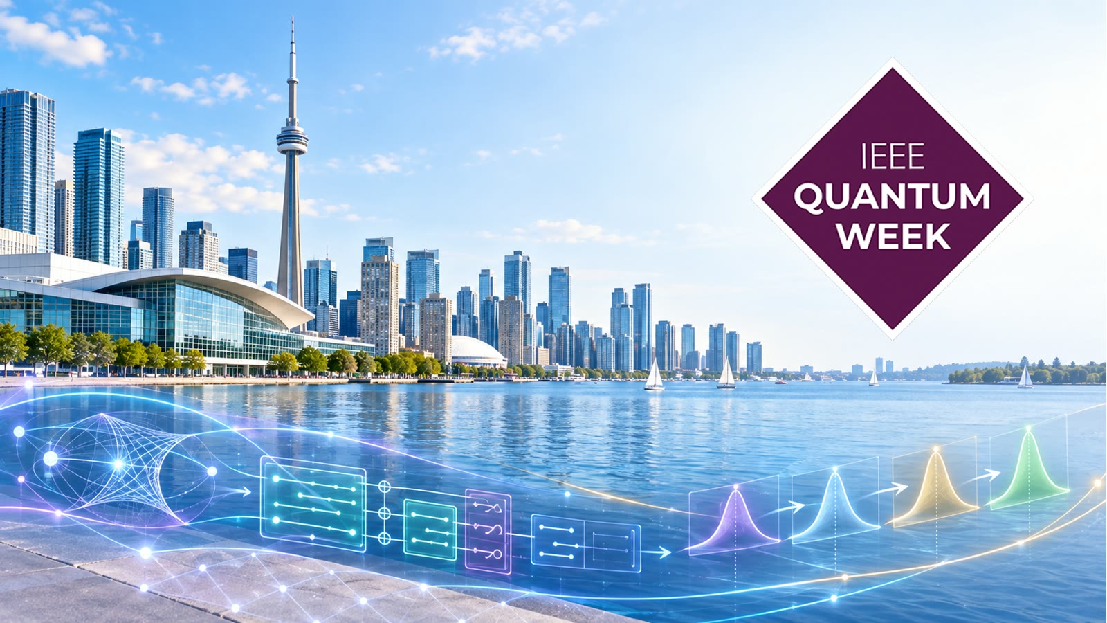 Toronto skyline and IEEE QCE 2026 conference mark connected to illustrations of USRA quantum optimization research